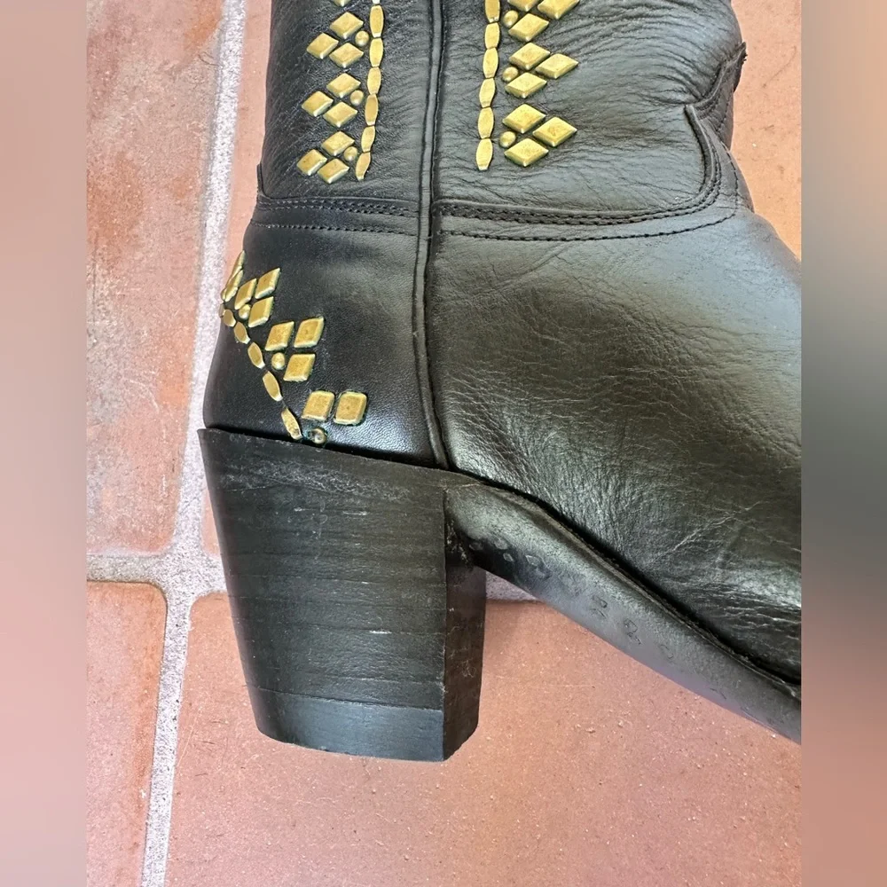 Calleen Cordero women’s black cowboy boot w/ brass diamond embellishment Size 6 - Picture 6 of 13